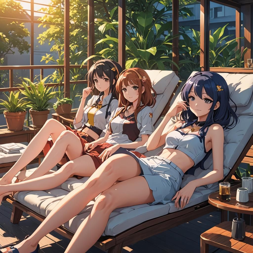 Anime Girls Sunbathing: Cel-Shaded Manga Scan