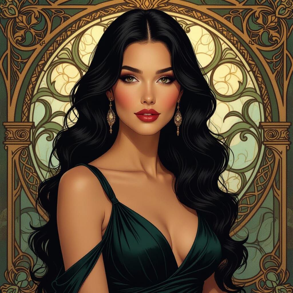 Elegant Woman with Flowing Hair in Art Nouveau Style