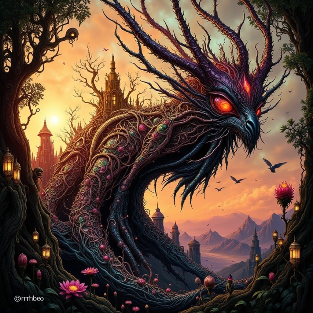 Whimsical Creature in Futuristic Silhouette Cityscape