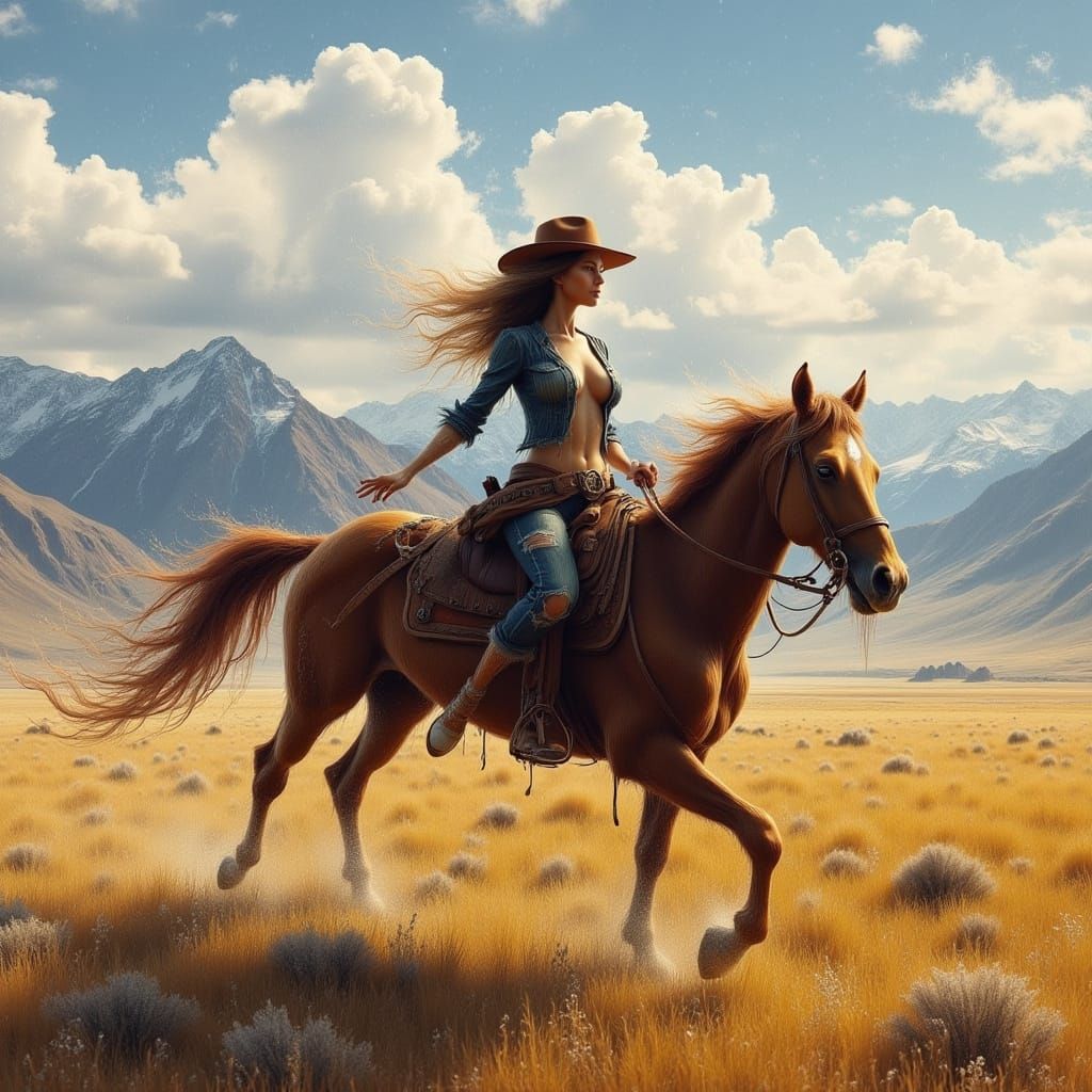 Cowgirl Riding Horse in Montana Landscape