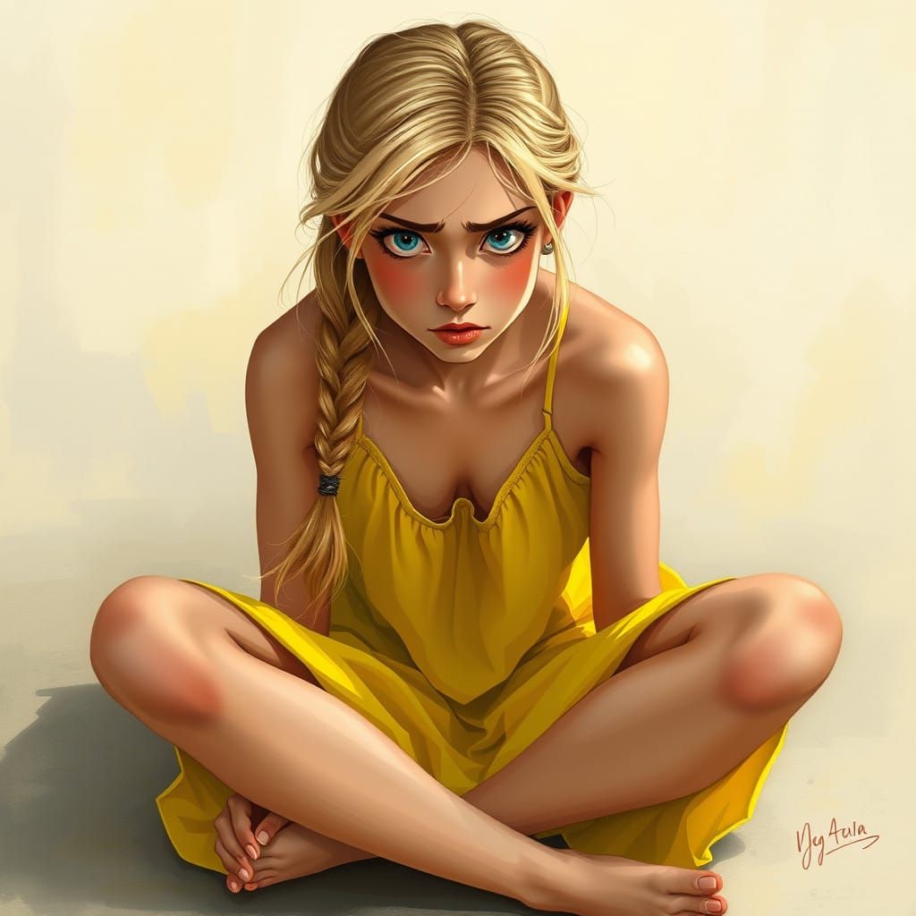 Distraught Young Woman in a Bright Yellow Sundress