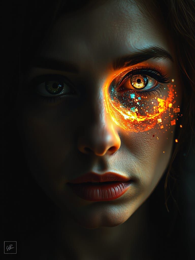 The Pixel Prophet: Futuristic Oracle Portrait in Chiaroscuro...