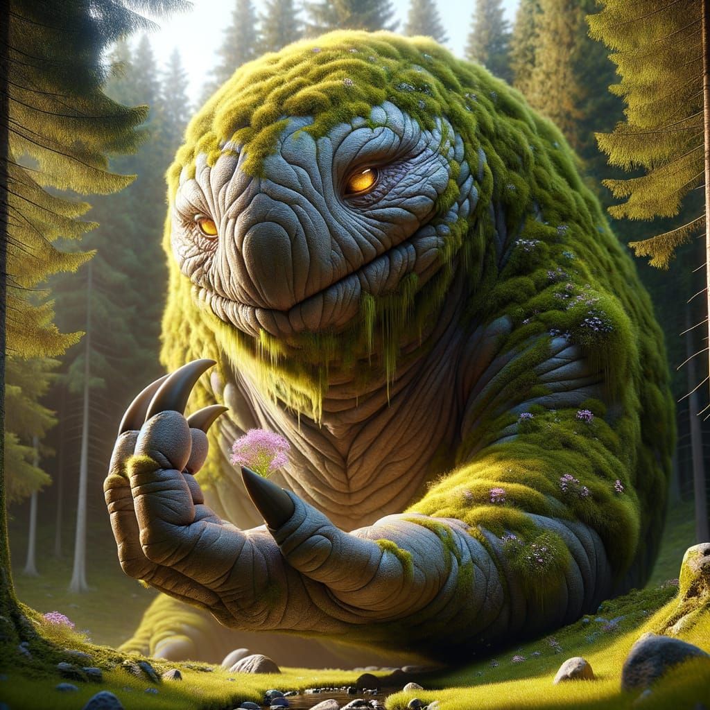 Gentle Moss Creature with Amber Eyes in Hyperrealism Style