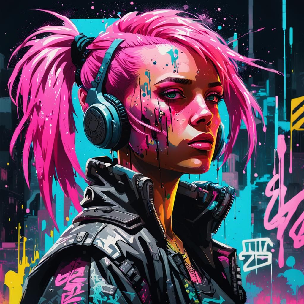Pink-Haired Cyberpunk Girl in Graffiti Art Style