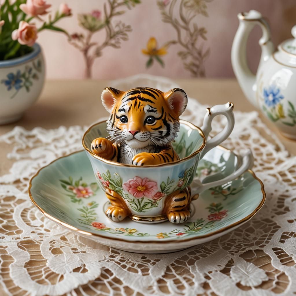 Tiger Cub in Teacup: Beatrix Potter Style
