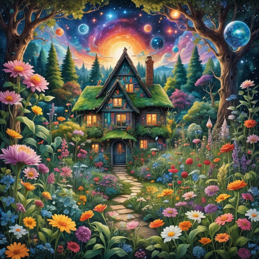 Holographic Cosmic Cottage Garden Illustration