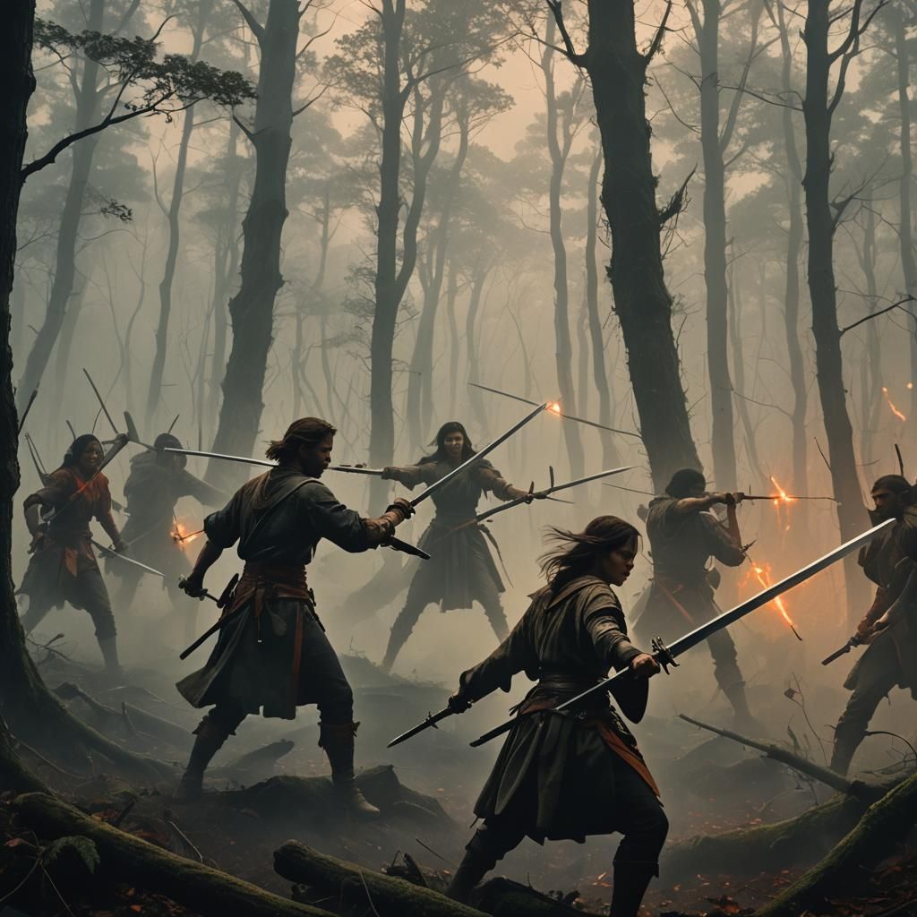 Warriors Clash in Misty Forest: Cinematic Fantasy Art