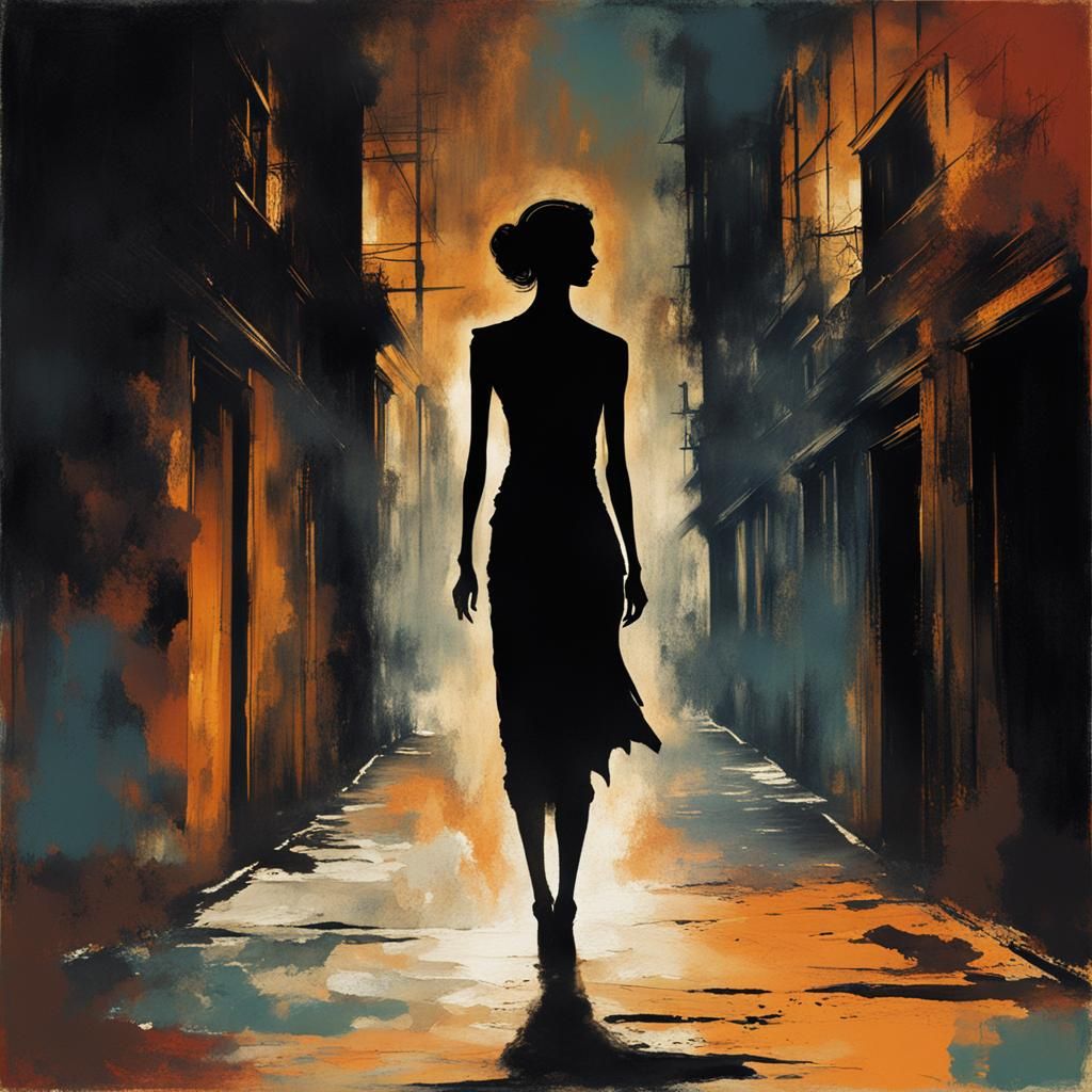 Eerie Silhouette: Mysterious Woman in Dark Alley