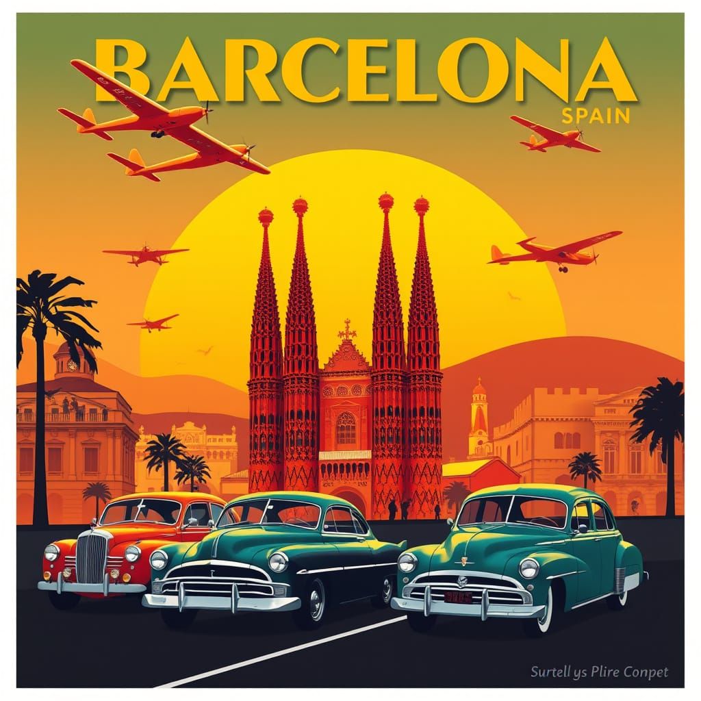 Barcelona Vintage Travel Poster in Art Deco Style