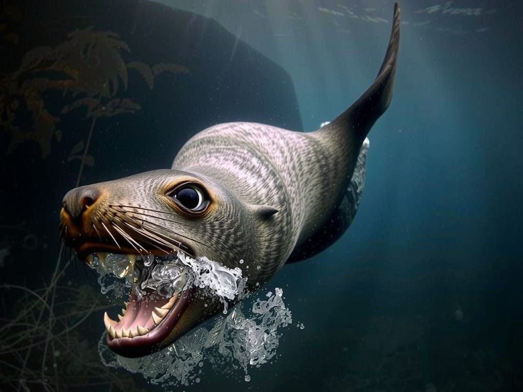 Playful Seal and Orca in Kaleidoscopic Underwater Scene