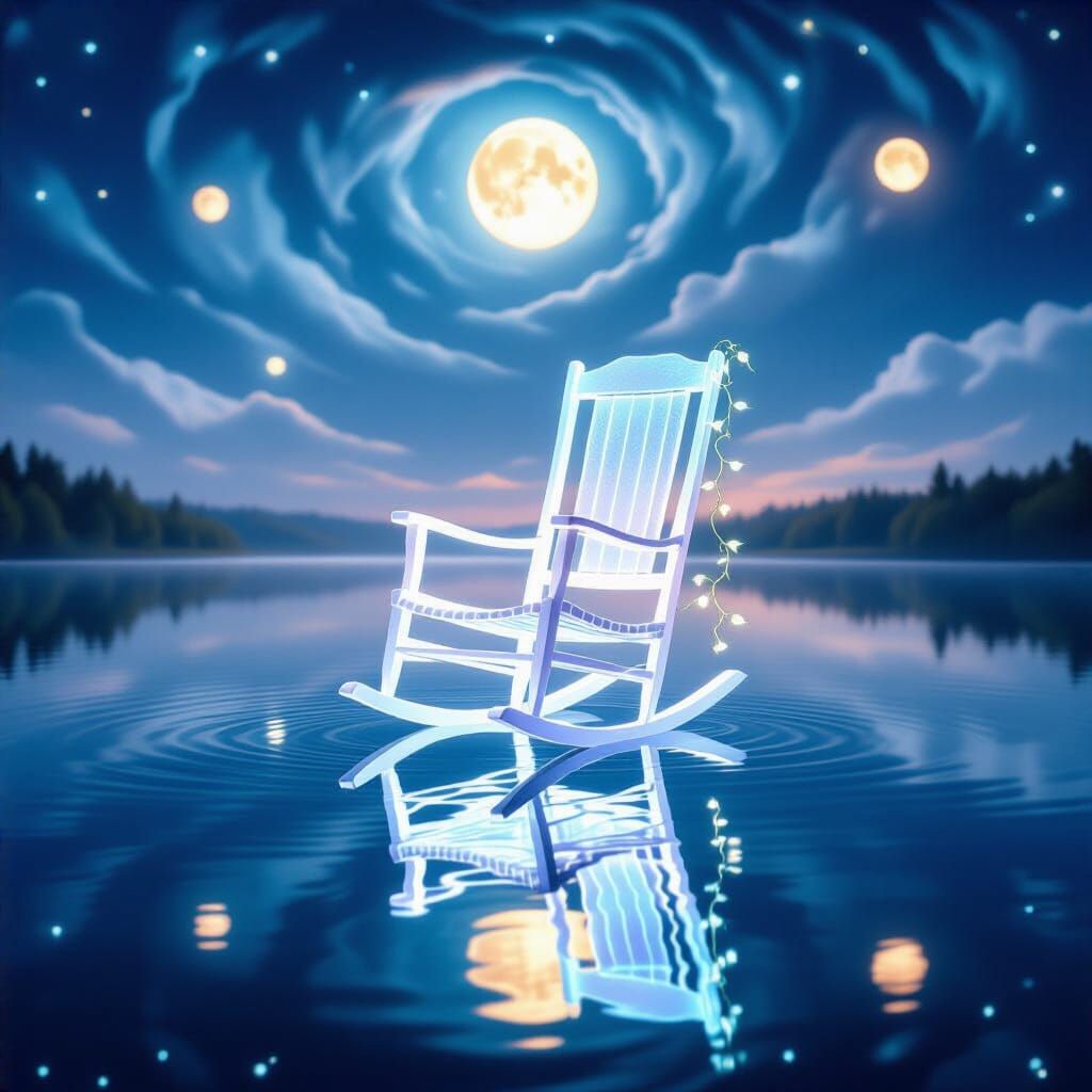 Bioluminescent Rocking Chair Drifting in Dreamlike Mirror-La...