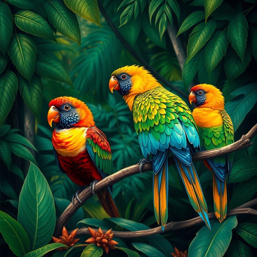 Iridescent Tropical Birds in Lush Forest