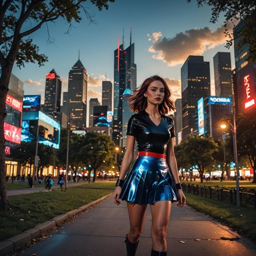 Young Woman in Glossy Latex Outfit in City Park