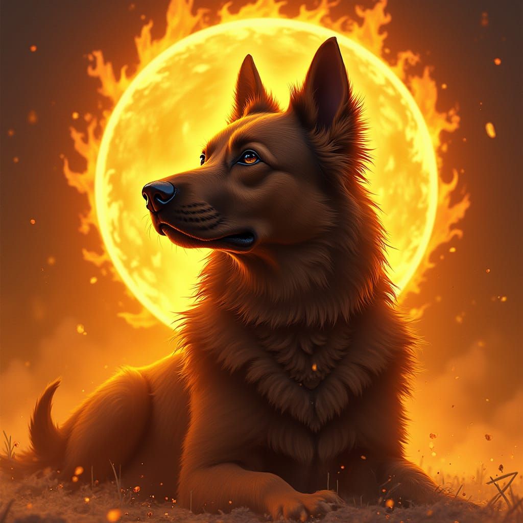 Majestic Dark Brown Dog Surrounded by Warm Golden Flames