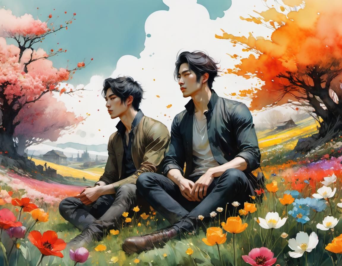Men in Spring Field, Watercolor Style