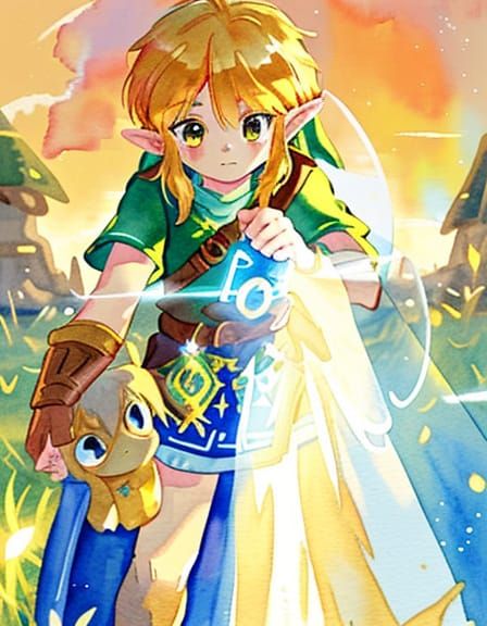 Link and Zelda: Watercolor Sunset in Hyrule