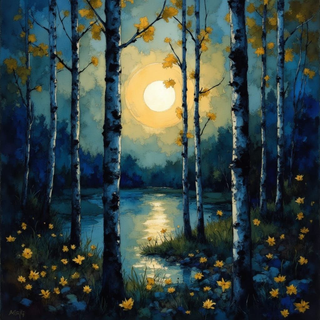 Full Moon Through Birch Trees, Golden-Era Style