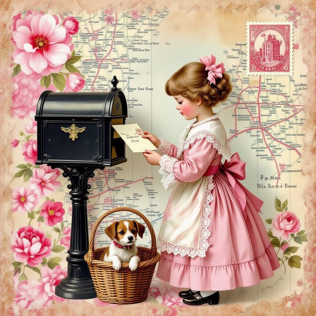 Victorian Girl Posts Letter in Whimsical Mixed-Media Collage