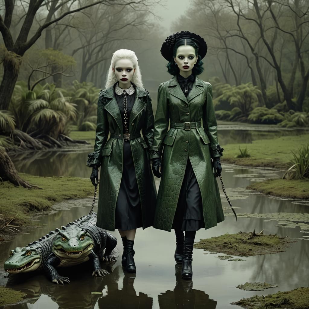 Two evil twins in a gloomy atmosphere walking their pet alligator