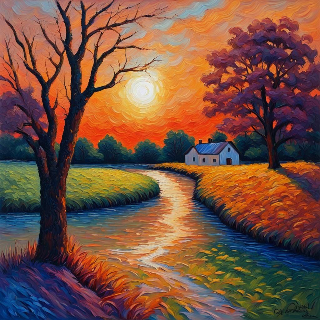 Riverbend Farm Sunset: An Expressionist Oil Painting