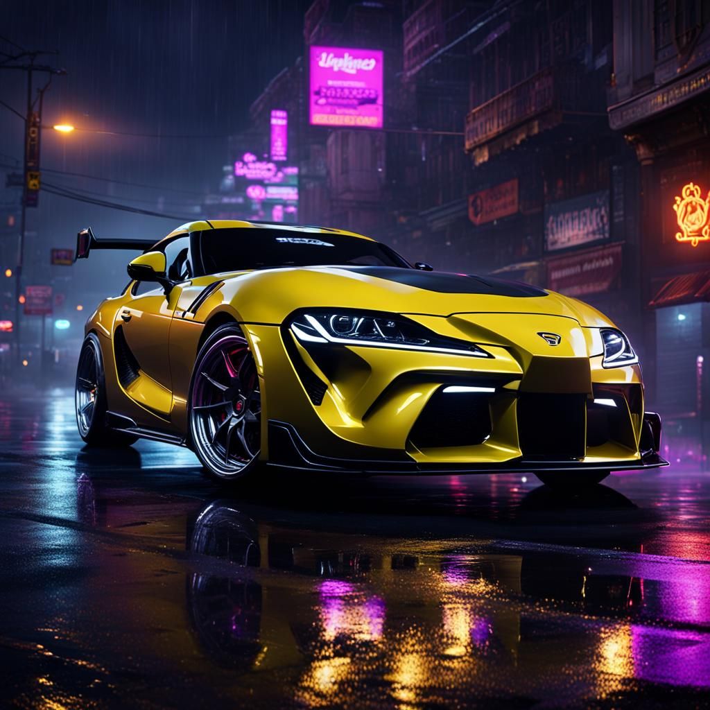 Black Supra MK4 on Neon Street, Dark Fantasy Art