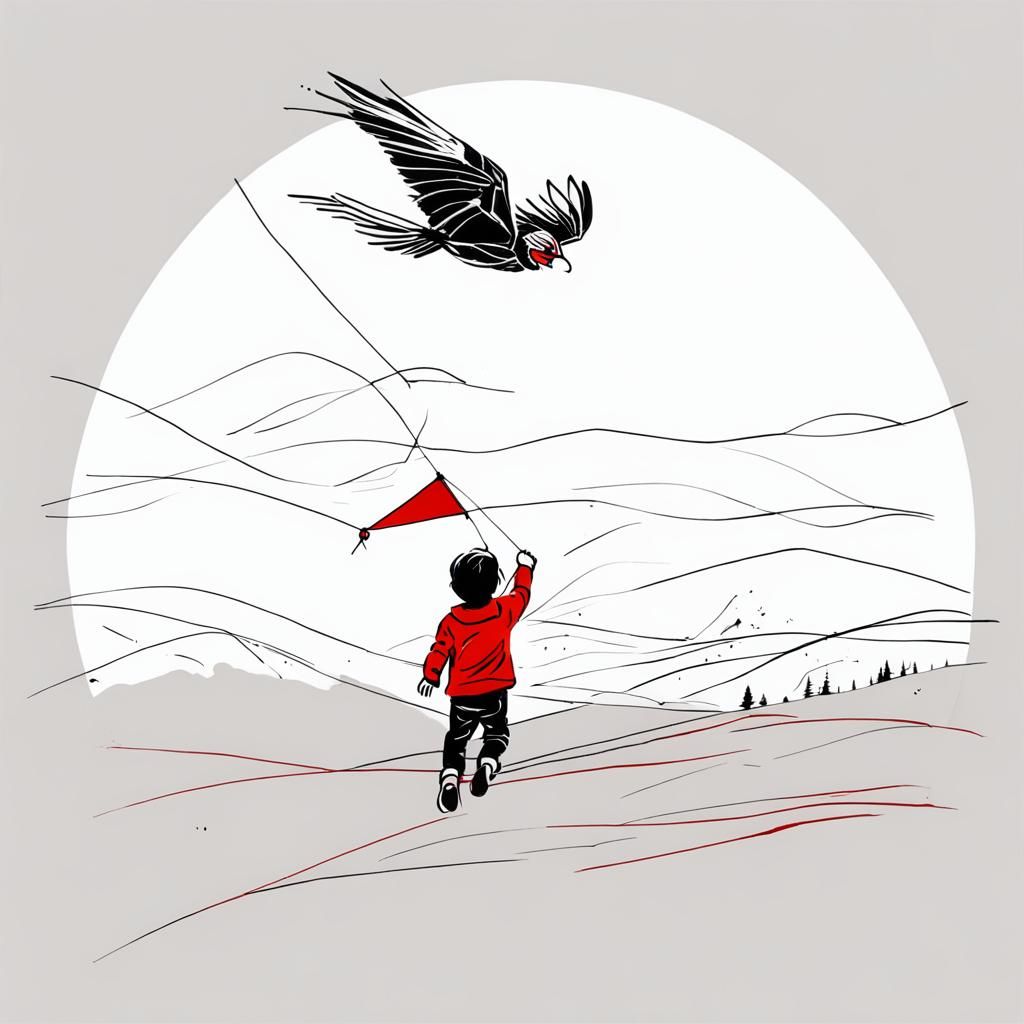 Minimalist Sketch of Boy Flying Red Kite