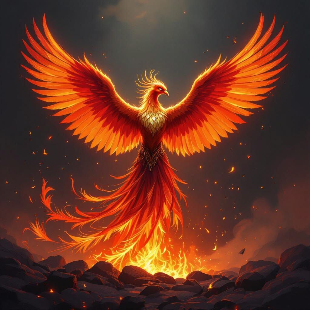 Phoenix Rising from Ashes in Vibrant Style