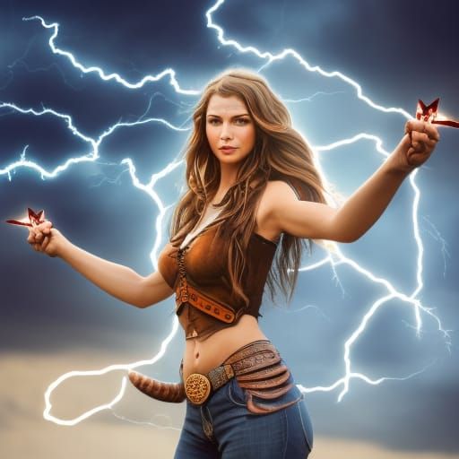 Realistic Cowgirl Wields Lightning in Western Fantasy Art