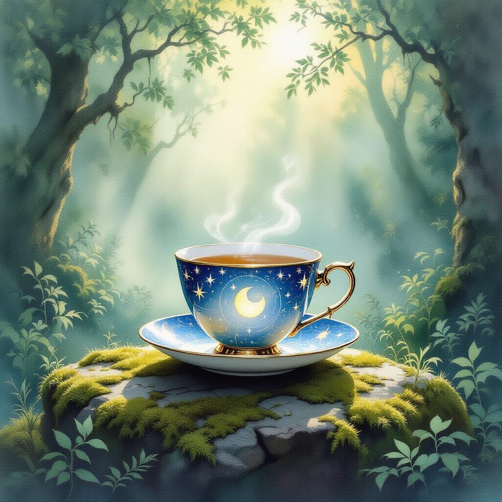 Vintage Teacup with Celestial Patterns in Misty Forest
