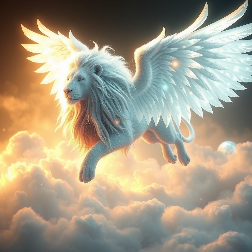 Winged Lion Soaring in Dreamy Digital Art