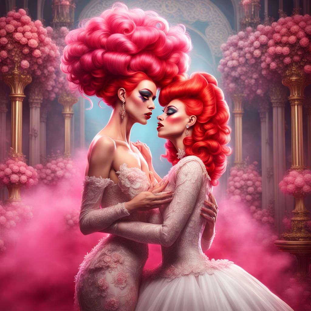 Two Drag Queens Kissing in Wedding Dresses