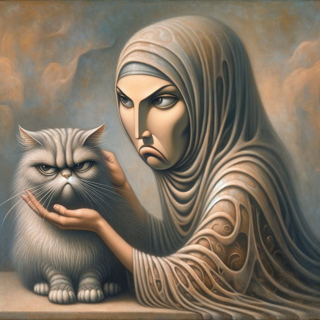 Grumpy Woman and Cat in Surreal Enigmatic Style