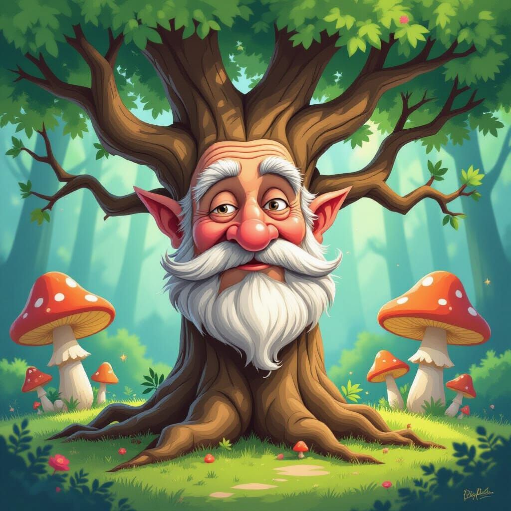 Wise Old Tree Caricature in Surreal Forest