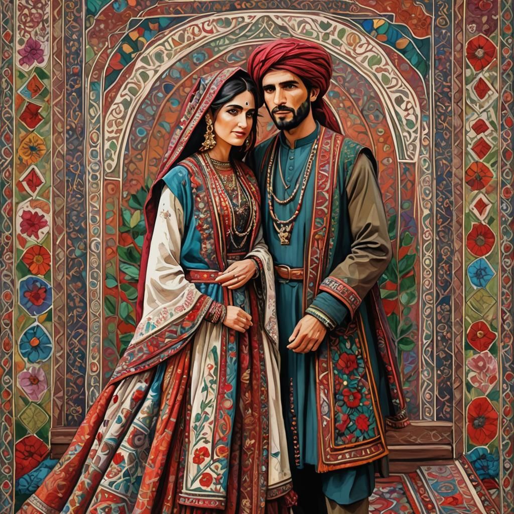 Afghan Couple in Traditional Dress, Gouache Style