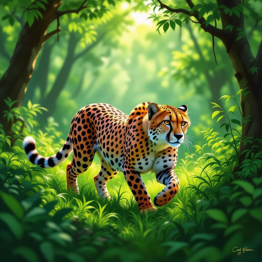 Red and Black Cheetah Prowls Forest in Hyperrealistic Style