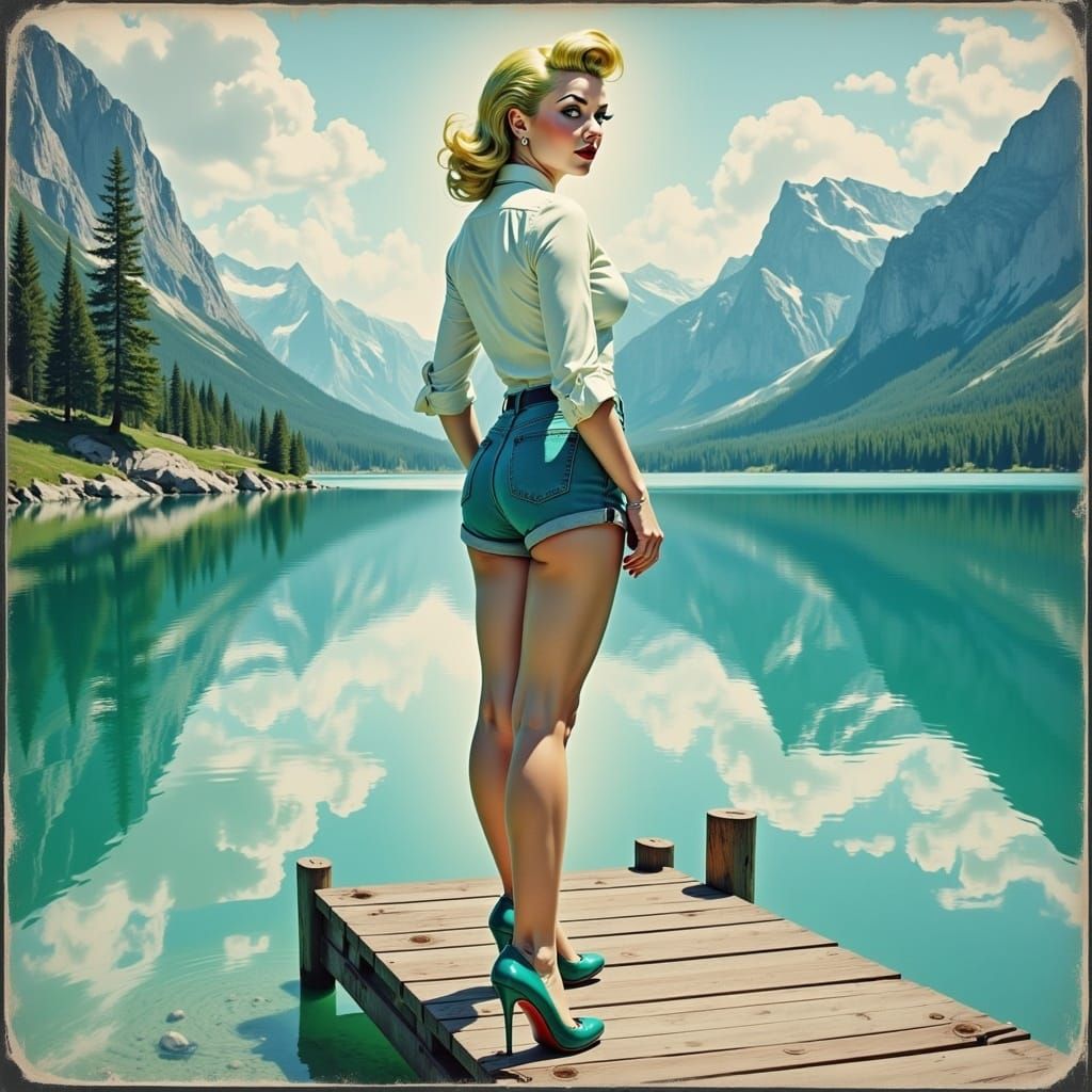 Pin-Up Girl on Mountain Lake, Gil Elvgren Style