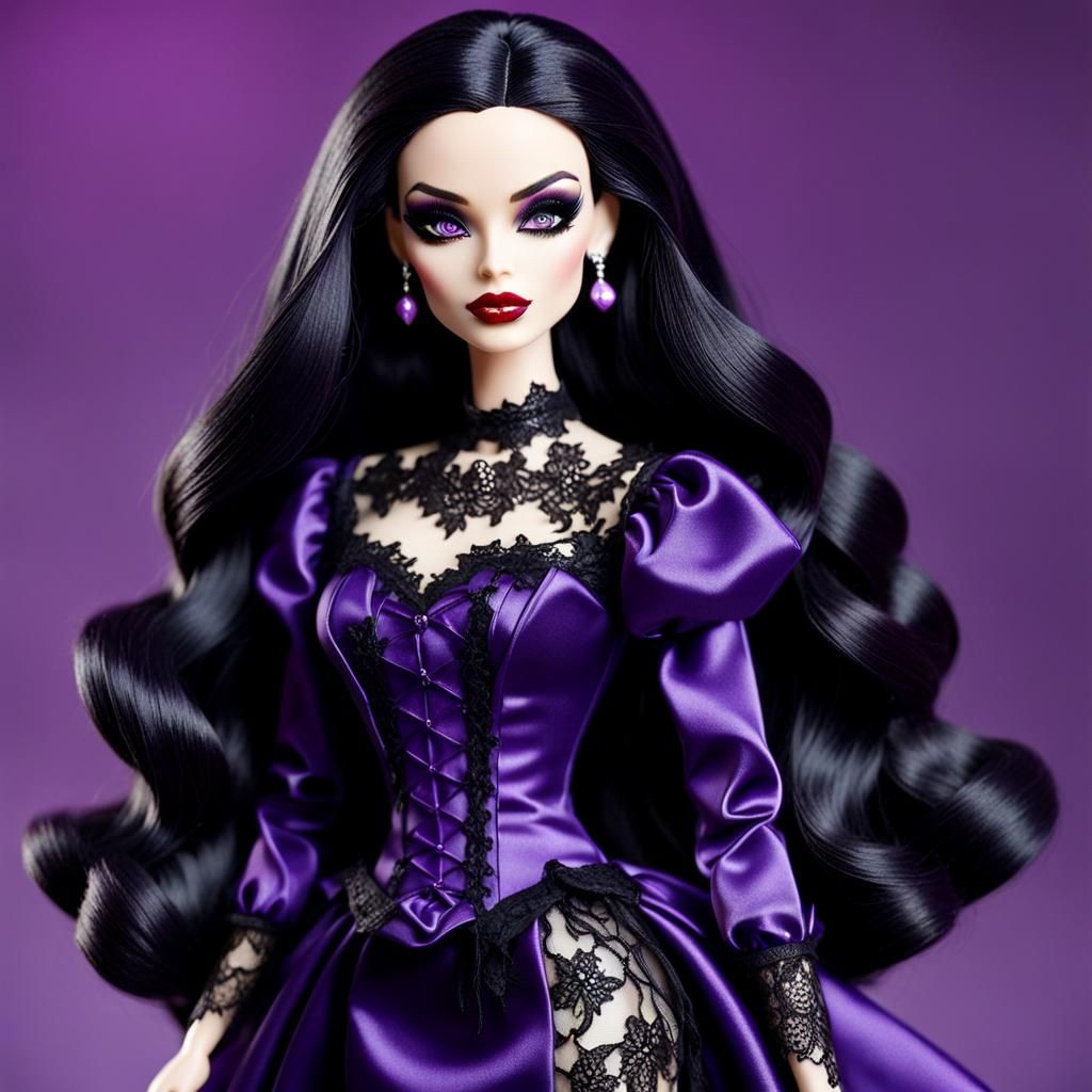 stunningly beautiful vampire 
barbie, long black hair, dark purple  clothing with black lace