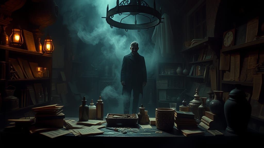 Mysterious Magic Shop with Shadowy Figure