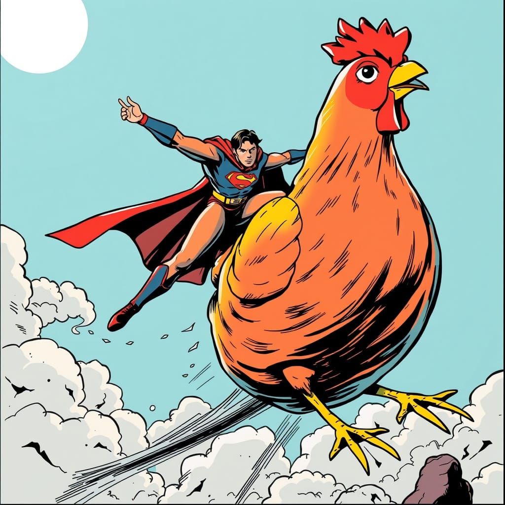 Superhero's Cape Snagged on Giant Rubber Chicken