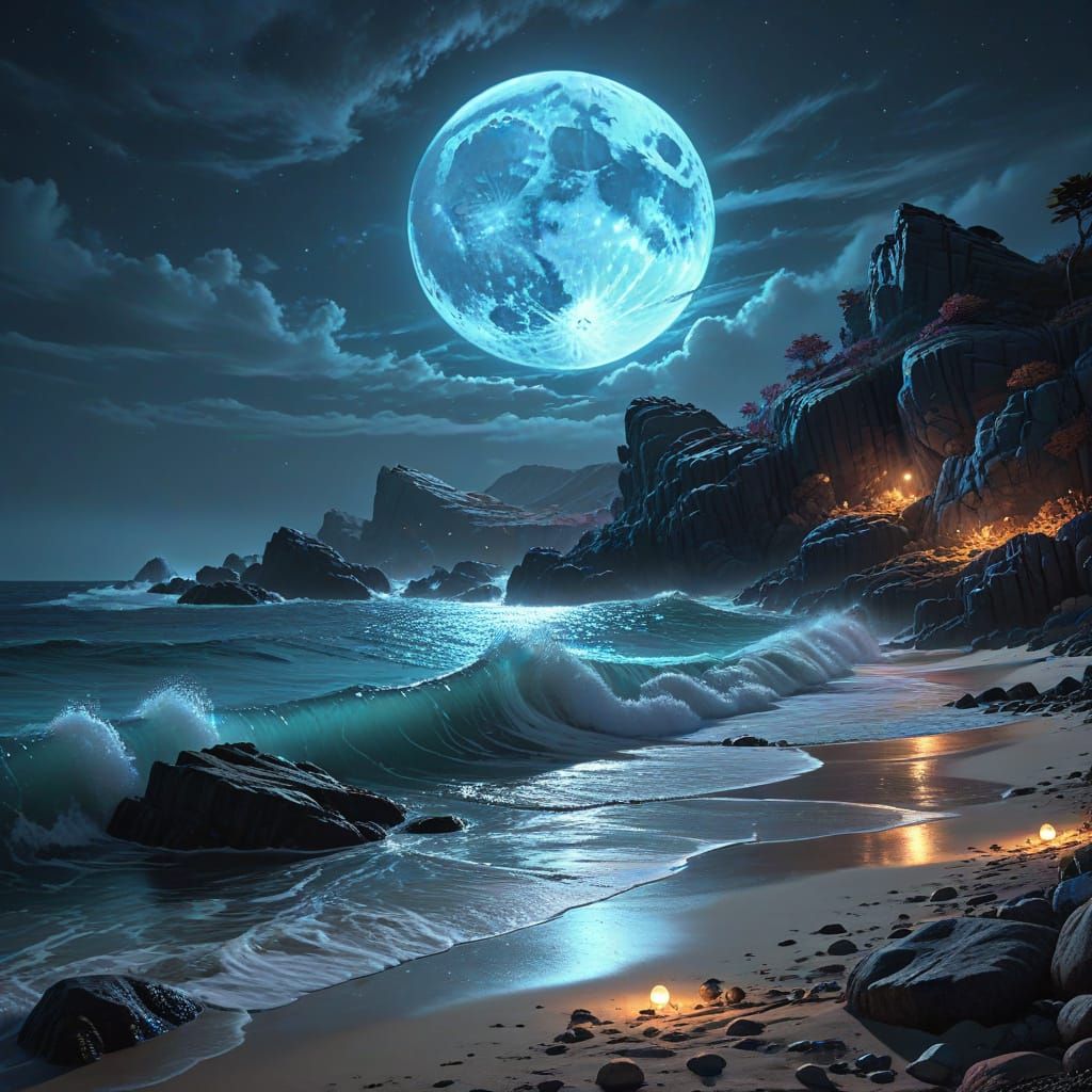Bioluminescent Waves Under Moonlight: Fantasy Art Scene