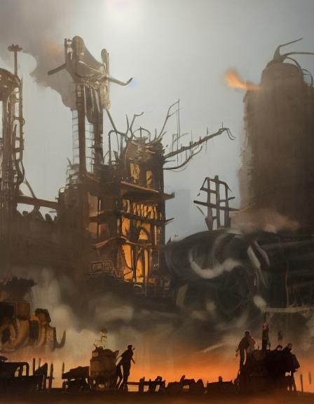 Steampunk Desert Scene with Iron Robots and Balloon
