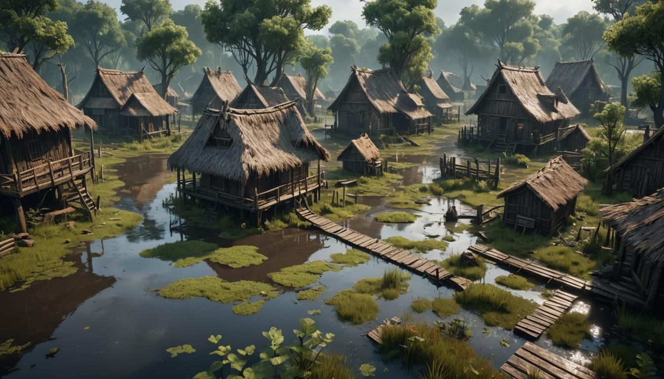 Rainy Swamp Village in 3D Cinematic Style