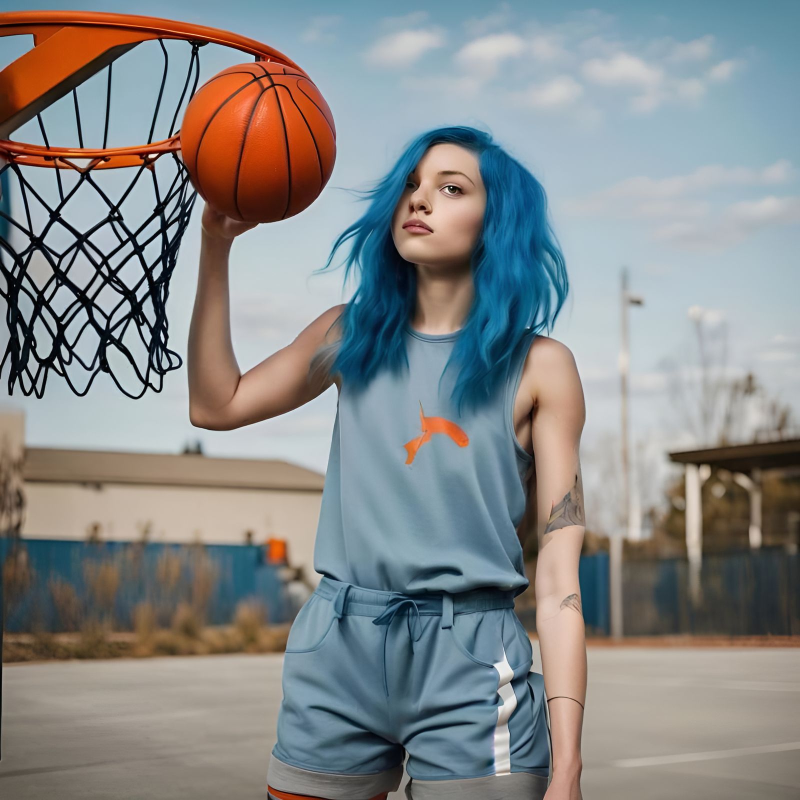 Girl with Blue Hair Dunking Basketball