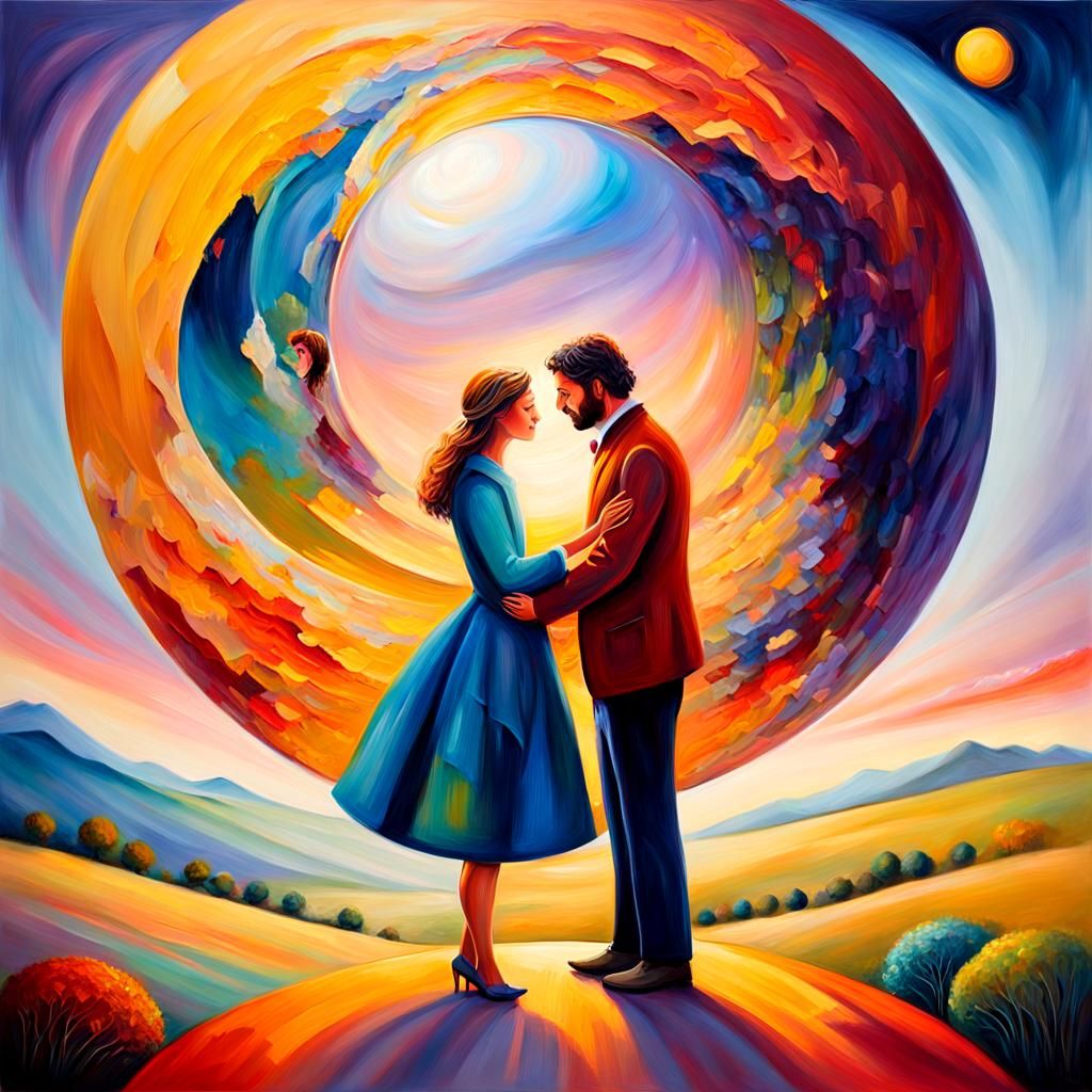 Romantic Couple Embrace in Dreamy Globe Landscape
