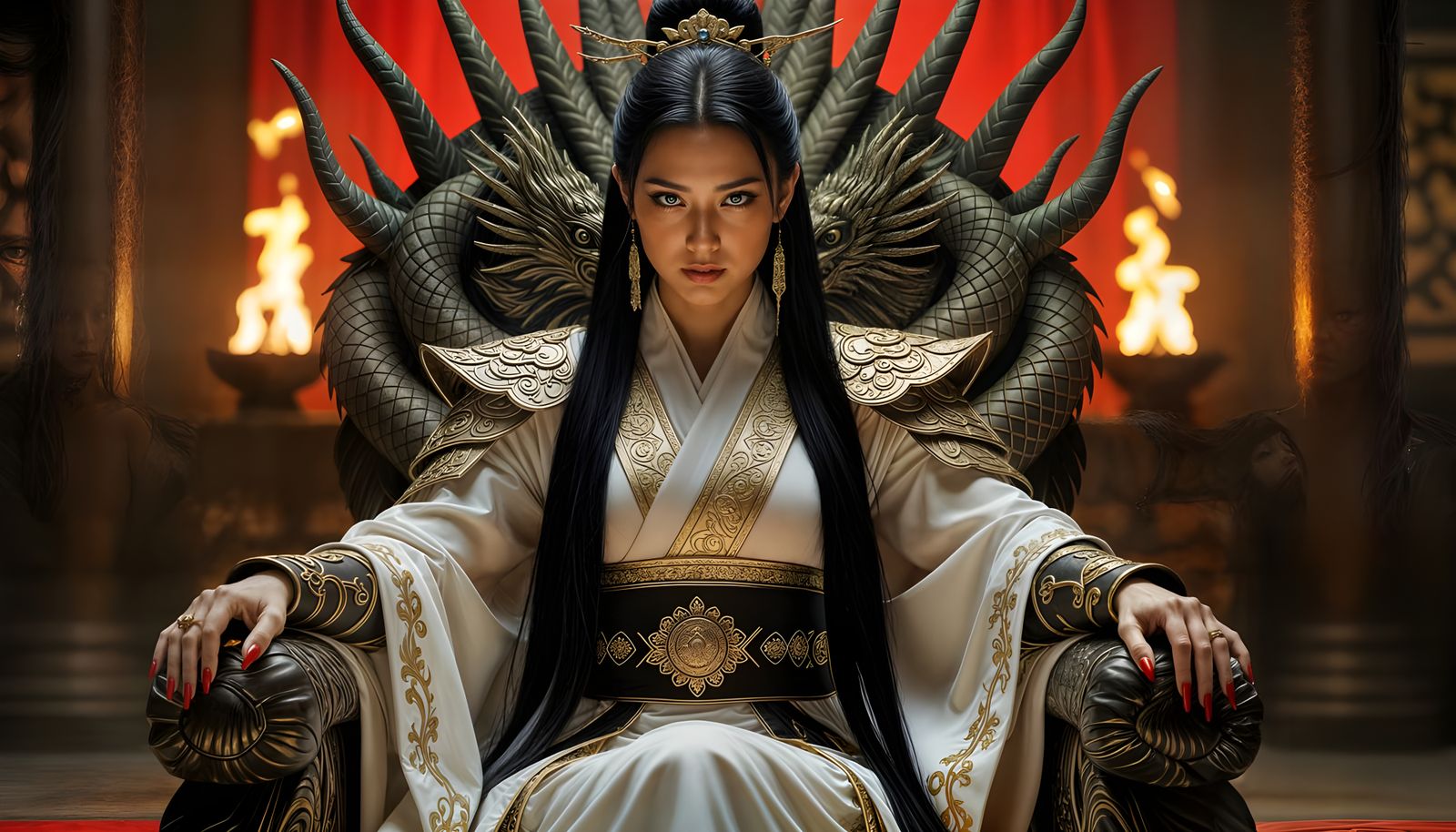 Asian Sorceress on Dragon Throne in Hyperrealistic Style