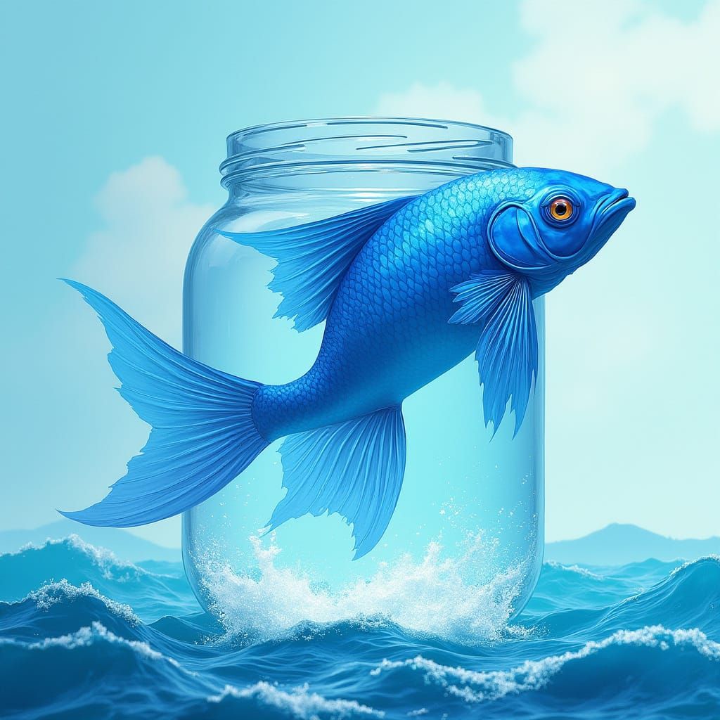 Vibrant Blue Fish Soars into Ocean in Dreamy, Ethereal Scene