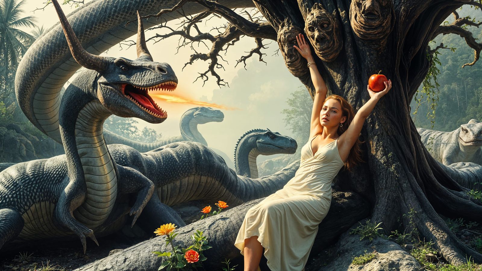 Jurassic Eden: Eve Tempted by Dinosaur Serpent