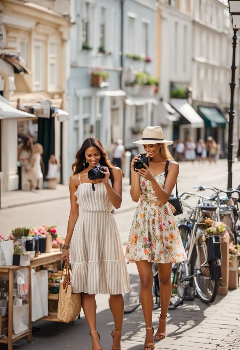 Women Photographing on Shop-Lined Street with Bokeh