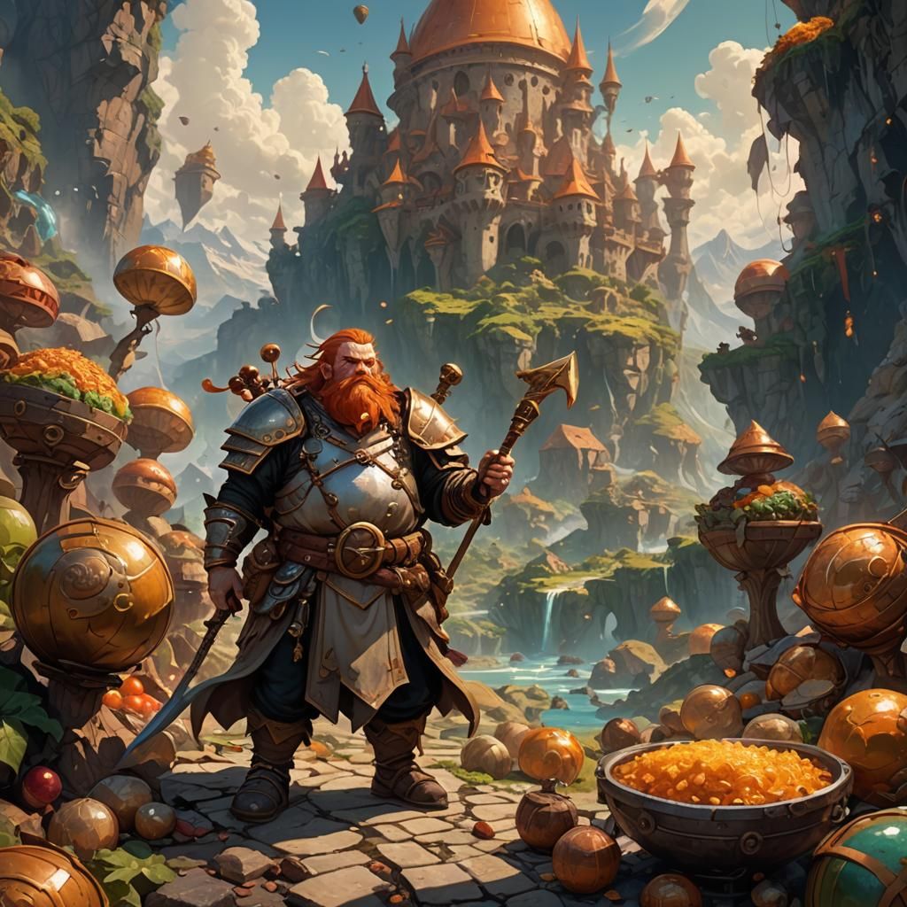 Dwarf Magi in Giant Food Fantasy Landscape