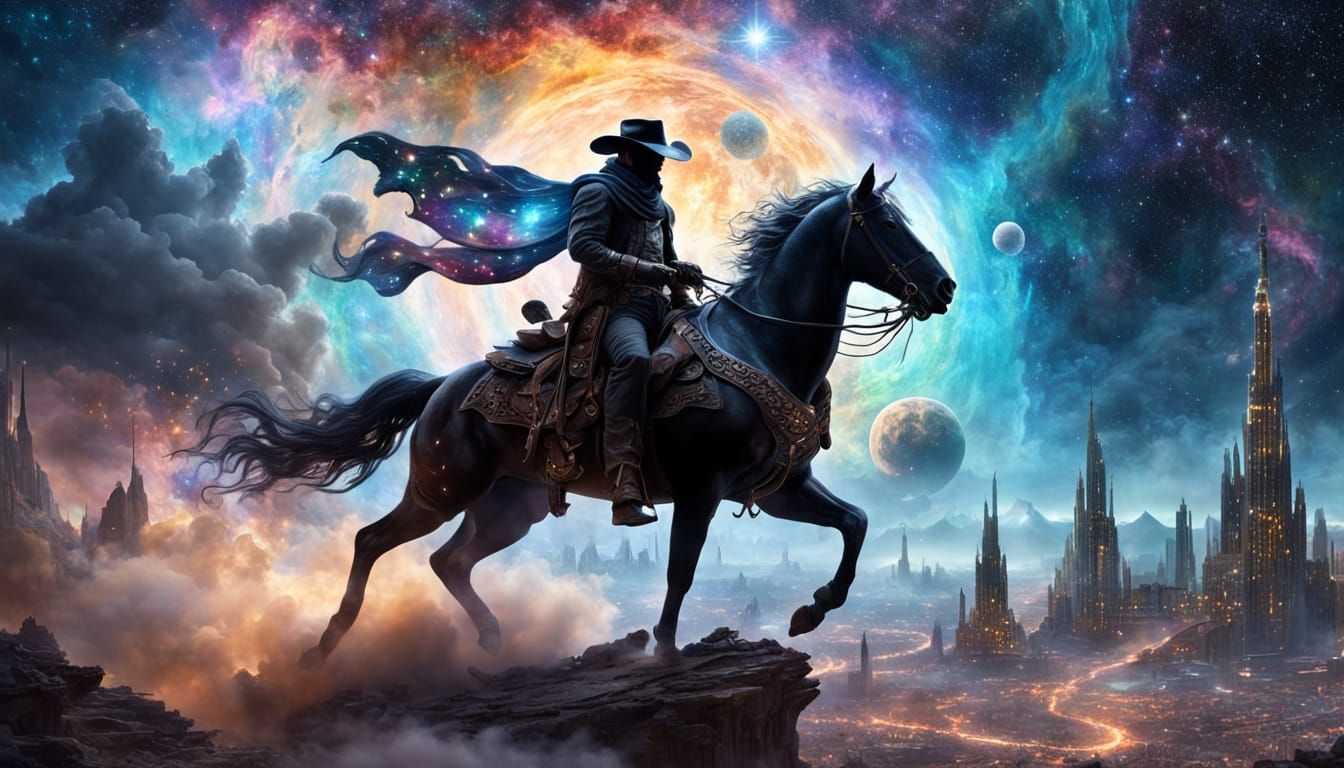 Lone Cowboy Rides Celestial Steed Through Nebula
